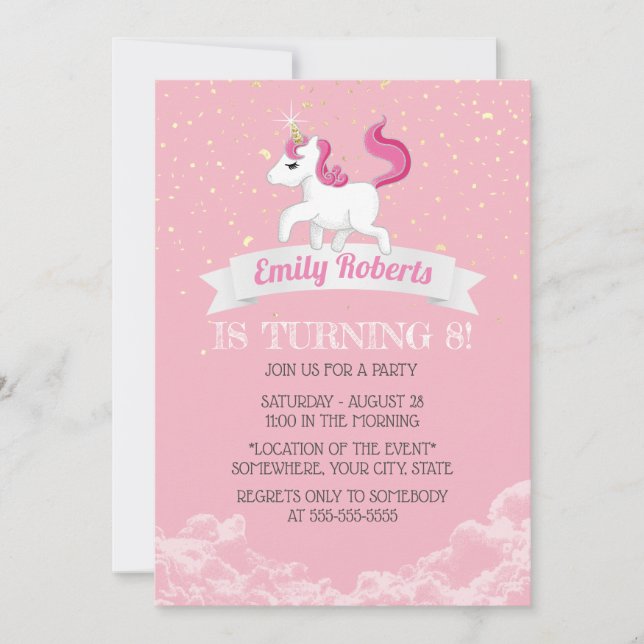 Unicorn Pink Girl Birthday Party Invitation (Front)