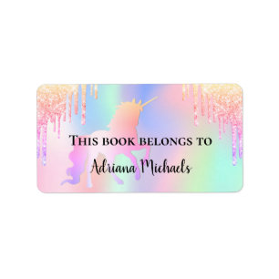 Unicorn pink glitter drips name bookplate label
