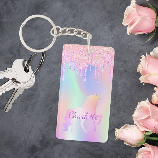 Unicorn pink glitter drips name holographic key ring (Creator Uploaded)