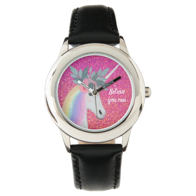Unicorn Pink Glitter Fantasy Flowers Kids Watch (Front)