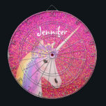 Unicorn Pink Glitter Fantasy Girls Personalised Dartboard<br><div class="desc">Unicorn Pink Glitter Fantasy Girls Personalised Dart Board makes a great fun game and bedroom decor for a unicorn lover. It is designed with a colourful bright pink and gold faux glitter sparkles background and a pretty white unicorn is on the centre. She has rainbow hair and flowers. Personalised with...</div>