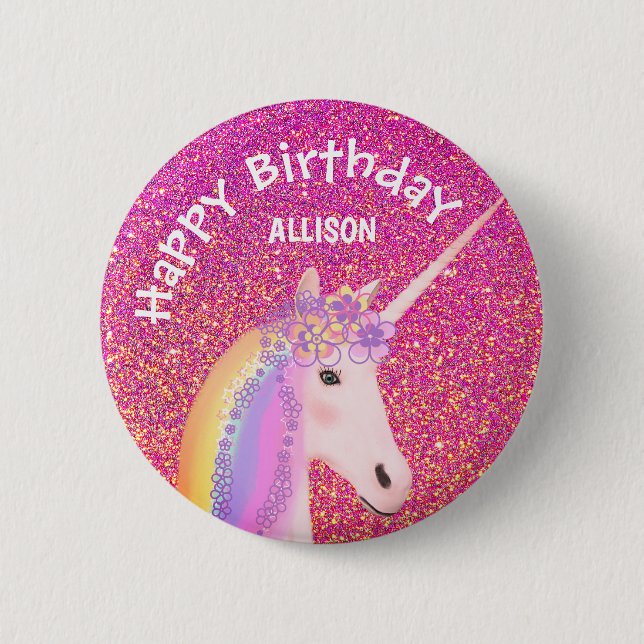 Unicorn Pink Glitter Girls Birthday Personalised 6 Cm Round Badge (Front)