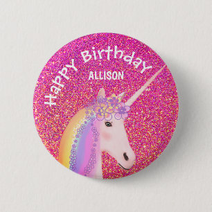 Unicorn Pink Glitter Girls Birthday Personalised 6 Cm Round Badge