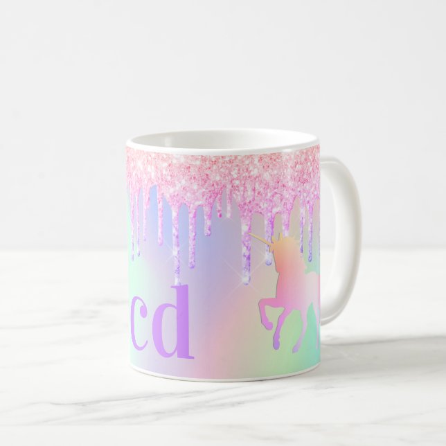 Unicorn pink glitter monogram holographic coffee mug (Front Right)