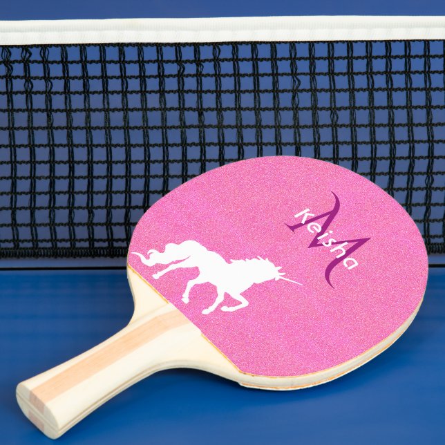 Unicorn pink glitter monogram name girl ping pong paddle (Insitu)