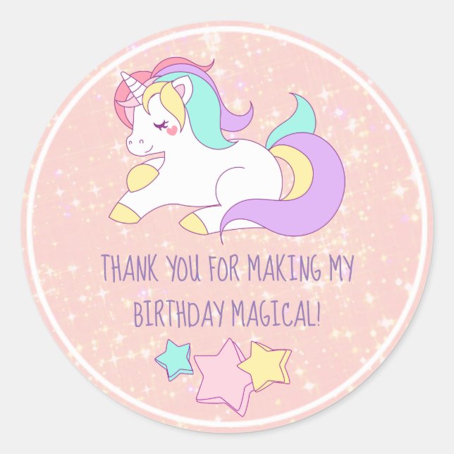 Unicorn Pink Glitter Party Favour Thank You Classic Round Sticker (Front)