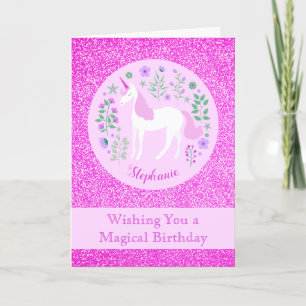 Unicorn Pink Glitter Personalised Happy Birthday Card