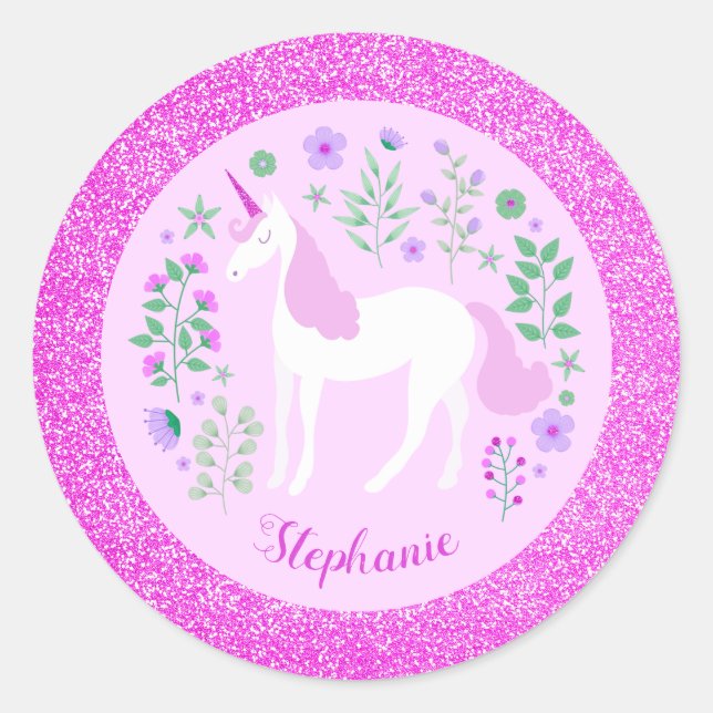 Unicorn Pink Glitter Personalised Name Classic Round Sticker (Front)