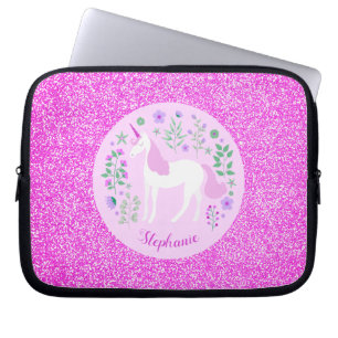 Unicorn Pink Glitter Personalised Name Laptop Sleeve