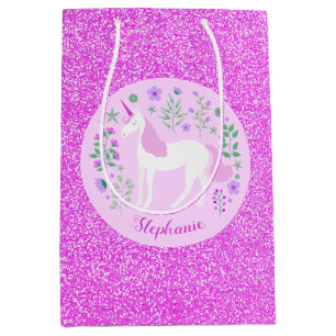 Unicorn Pink Glitter Personalised Name Medium Gift Bag