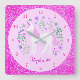 Unicorn Pink Glitter Personalised Name Square Wall Clock