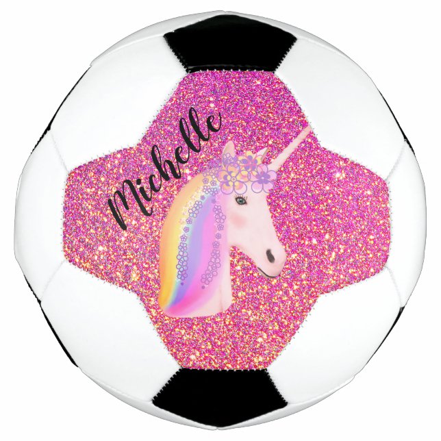 Unicorn Pink Glitter Sparkles Girls Personalised Football (Front)