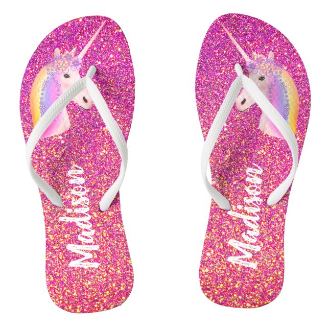 Unicorn Pink Glitter Sparkles Personalised Flip Flops (Footbed)