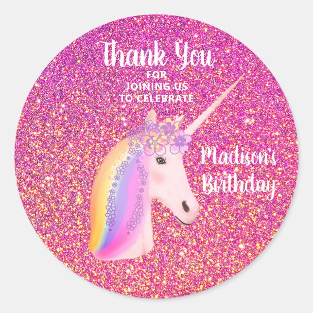 Unicorn Pink Glitter Thank You Birthday Favour Classic Round Sticker (Front)