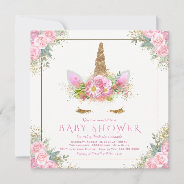 Unicorn Pink Gold Baby Shower Invitations (Front)