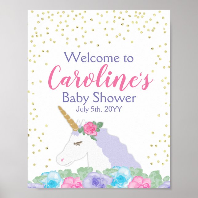 Unicorn Pink & Gold Baby Shower Welcome Poster (Front)