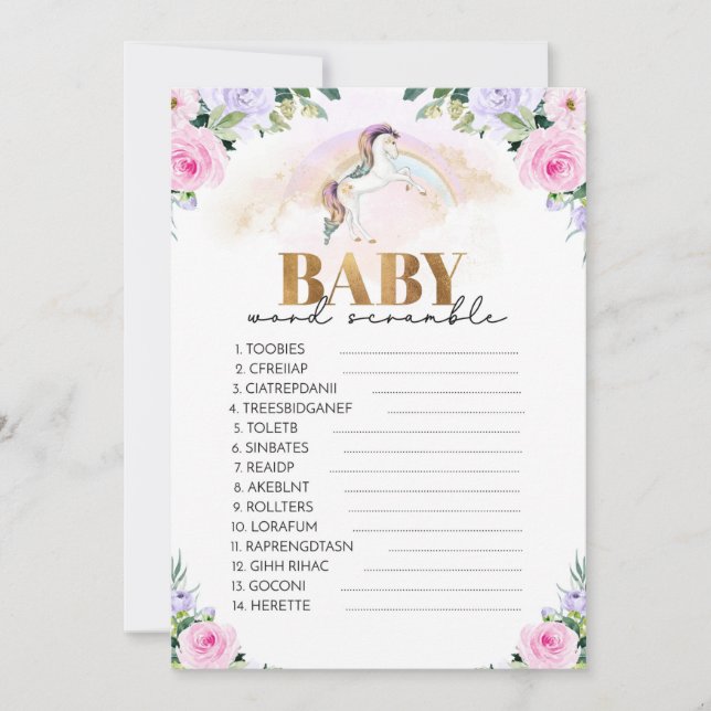 Unicorn Pink & Gold Baby Shower Word Scramble Game Invitation (Front)
