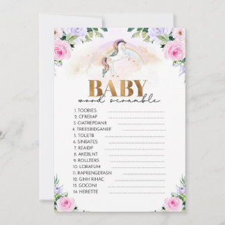 Unicorn Pink & Gold Baby Shower Word Scramble Game Invitation