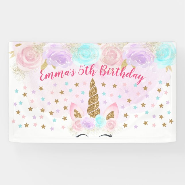 Unicorn Pink & Gold Birthday Banner (Horizontal)