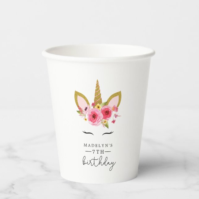 Unicorn Pink Gold Birthday Party  Paper Cups (Front)