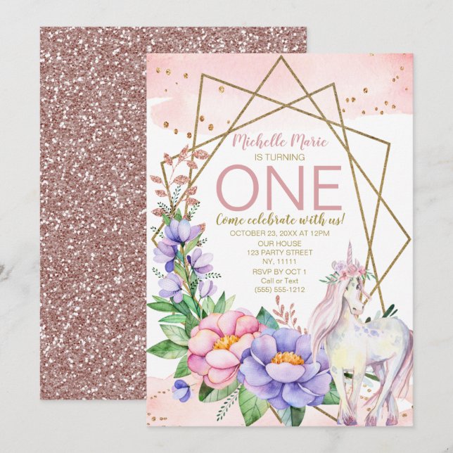 Unicorn Pink Gold Floral First Birthday Invitation (Front/Back)