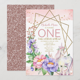 Unicorn Pink Gold Floral First Birthday Invitation
