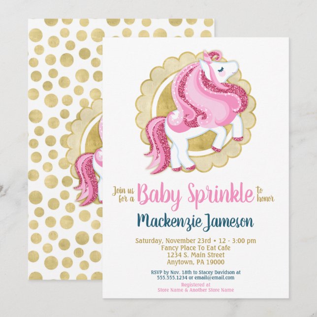 Unicorn Pink Gold Girls Baby Sprinkle Invitation (Front/Back)
