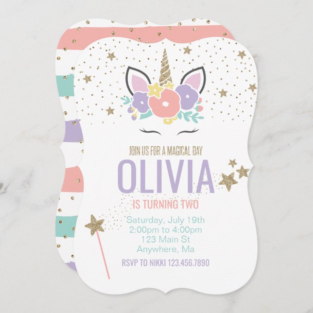 Unicorn pink gold glitter birthday invitation (Front/Back)