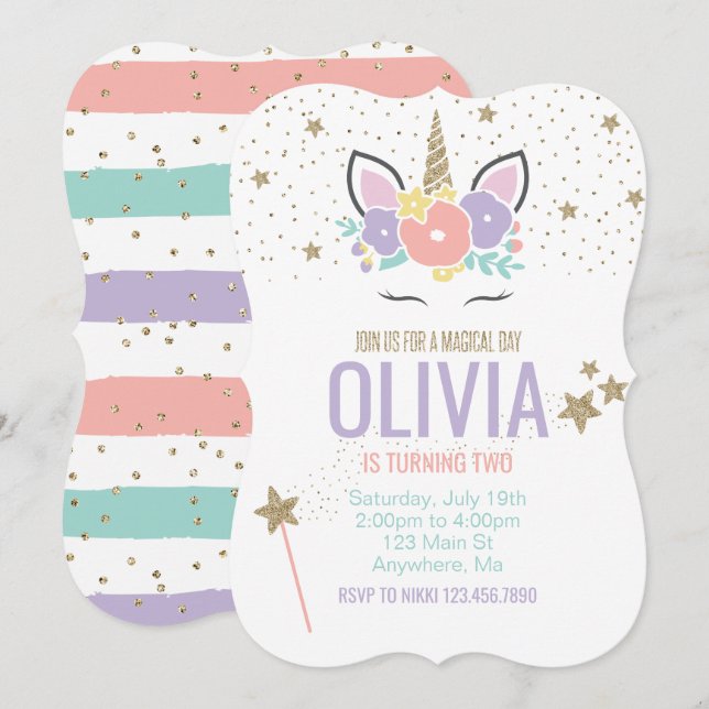 Unicorn pink gold glitter birthday invitation (Front/Back)