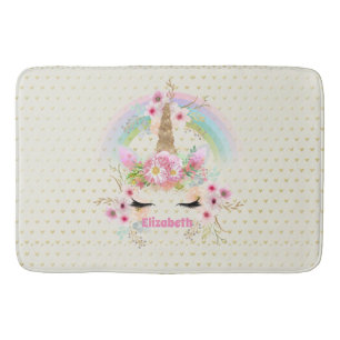 Unicorn Pink Gold Glitter Look Named Girls Floral Bath Mat