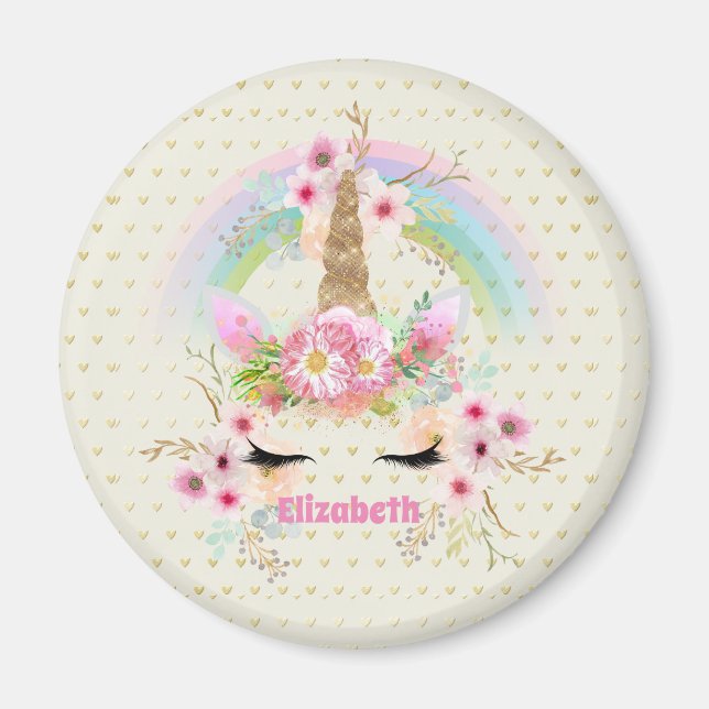 Unicorn Pink Gold Glitter Look Named Girls Floral Magnet (Front)