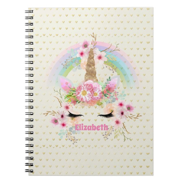Unicorn Pink Gold Glitter Look Named Girls Floral Notebook (Front)