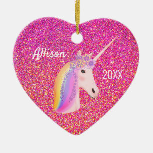 Unicorn Pink Gold Glitter Sparkles Heart Custom Ceramic Tree Decoration
