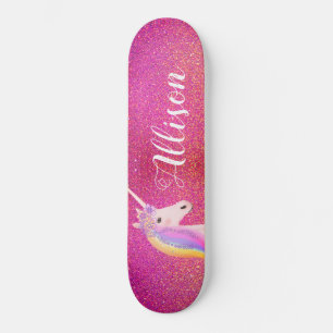Unicorn Pink Gold Glitter Sparkles Personalised Skateboard