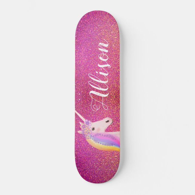 Unicorn Pink Gold Glitter Sparkles Personalised Skateboard (Front)