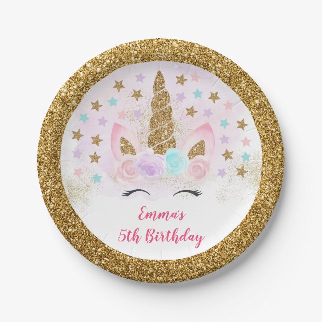 Unicorn Pink & Gold Magical Birthday Paper Plate (Front)