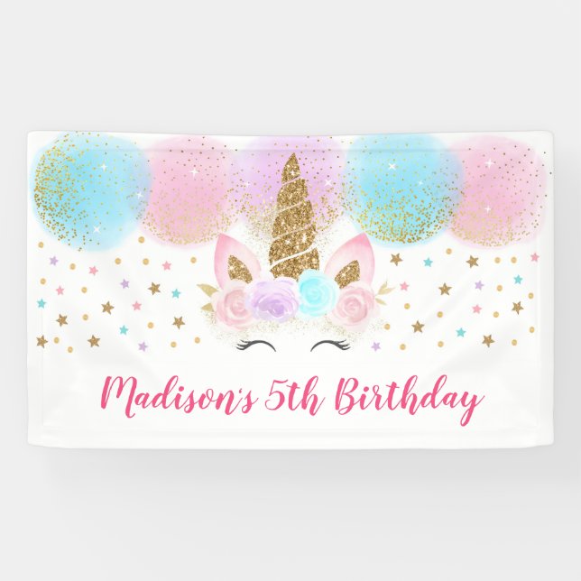Unicorn Pink Gold Rainbow Girl Birthday Banner (Horizontal)