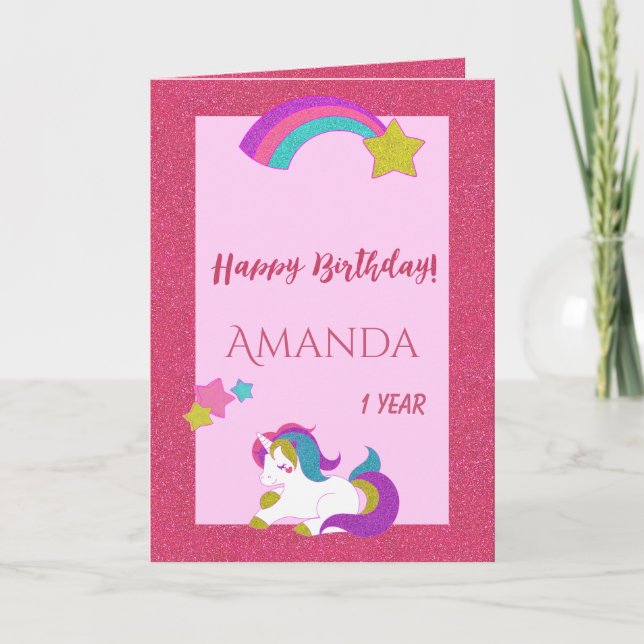 Unicorn pink happy magical day 1st birthday card (Front)