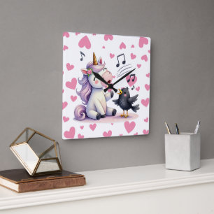 Unicorn Pink Hearts Square Wall Clock