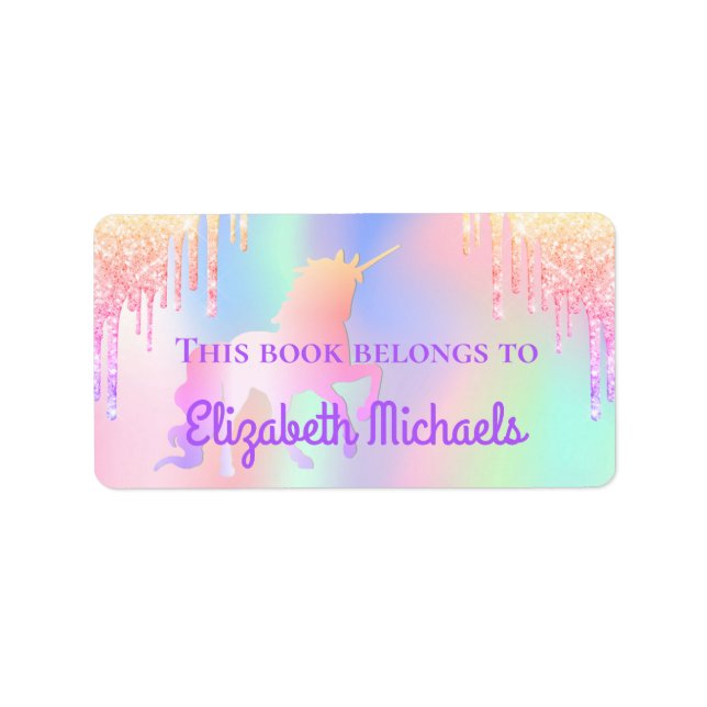 Unicorn pink  holographic drips name bookplate label (Front)