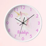 Unicorn pink name clock<br><div class="desc">A soft pink background decorated with a cute unicorn face in white and pink.  Personalise and add a name,  pink letters. Pink clock-face numbers.</div>