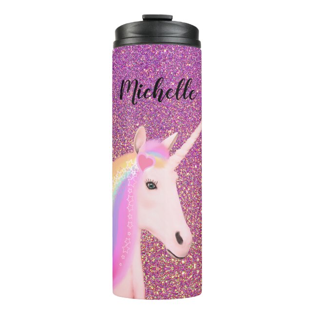 Unicorn Pink Ombre Glitter Personalised Thermal Tumbler (Front)