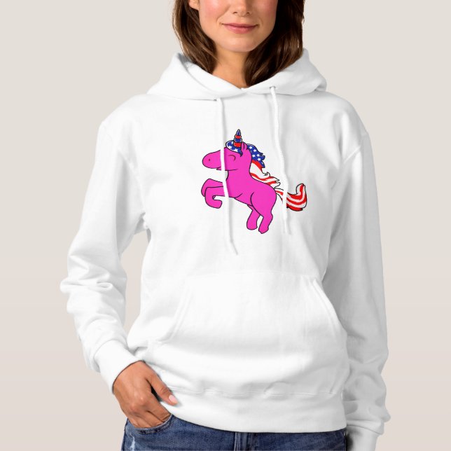 Unicorn Pink Patriotic USA Flag Mane Fantasy Art Hoodie (Front)