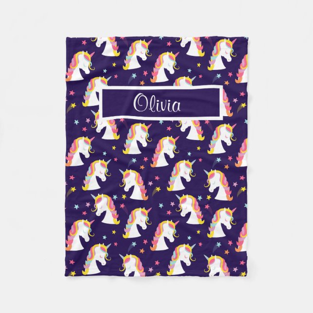 Unicorn Pink Purple Baby Name Fleece Blanket (Front)
