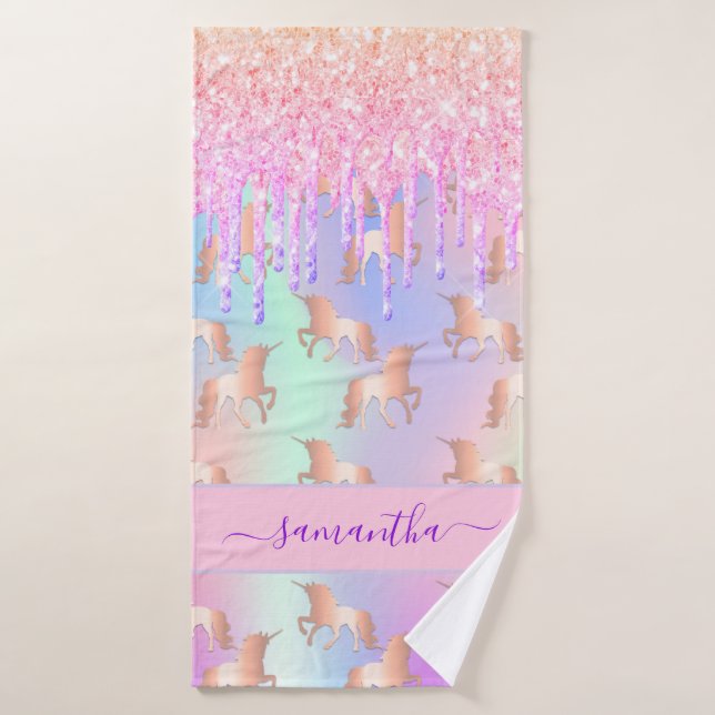 Unicorn pink purple drips holographic name bath towel (Bath Towel)