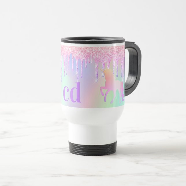 Unicorn pink purple drips monogram holographic  travel mug (Front Right)