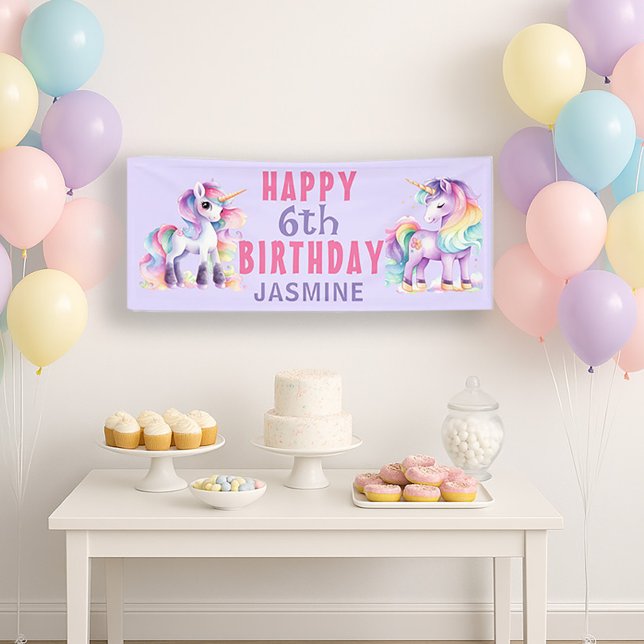 Unicorn Pink Purple Girl's 6th Birthday Banner (Unicorn 6th birthday party banner)