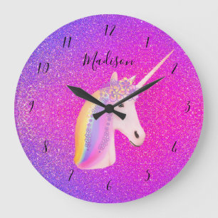 Unicorn Pink Purple Glitter Girls Personalised Large Clock