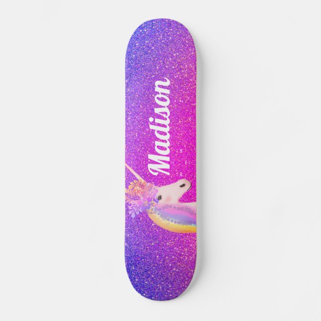 Unicorn Pink Purple Glitter Sparkles Personalized Skateboard (Front)