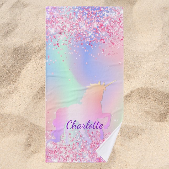 Unicorn pink purple holographic name  bath towel (Creator Uploaded)